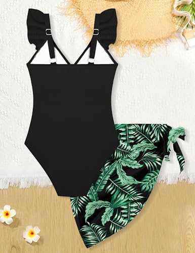 Image of Girls One Piece Swimsuit Cut Out Ruffle Bathing Suit Twist V Neck Swimwear Solid Color with Cover Up Skirt 9-16T