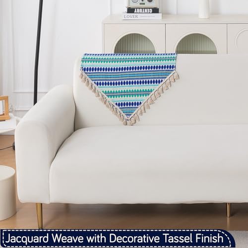 Image of HOKIPO 'Artisan Boho Series' Sofa Backrest Cover with Tassel | 450 GSM Thick Cotton Acrylic Jacquard Fabric Backrest Mat, Size 55x80 cm, Royal Blue (IN-900-A2)