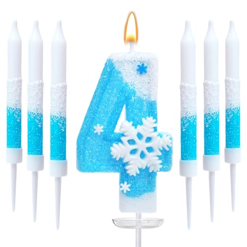 Frozen Birthday Candle Set, Glitter Number 4 Candle with Snowflake Decoration and 6 Matching Candles, Blue Winter Theme Cake Topper for Frozen Birthday Party (Blue Set, Number 4)