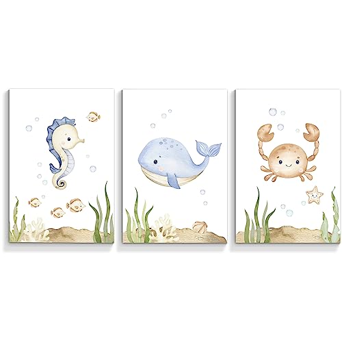 Image of Yuaruo Ocean Animal Nursery Canvas Wall Art, 3 Piece Under The Sea Artwork Poster, Cute Life Aquatic Seahorse Whale Crap Print Painting Decor for Baby Bedroom Playroom Classroom 12x16in Unframed