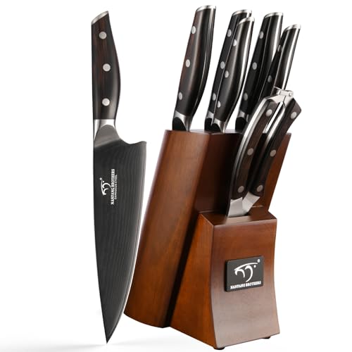 Image of NANFANG BROTHERS 7-Piece Damascus Knife Set with VG10 Core Blades, 67-Layer Damascus Steel, Black Titanium Coated Kitchen Knives for Polished Ebony Wood Handle, Ultra Sharp Chef Knife Set