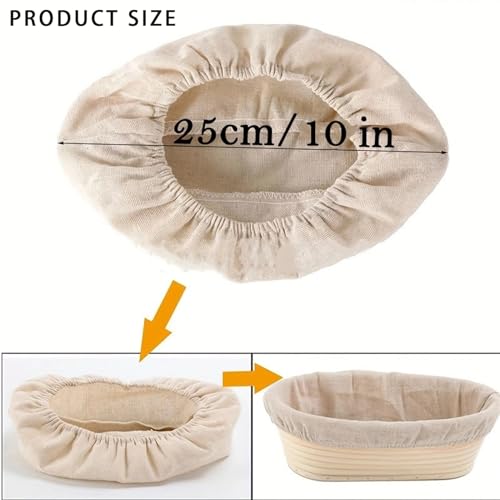 Quixotical 3 Pcs Bread Proofing Basket Cover, Oval 10 Inch, Beige Cotton Linen Liner with Elastic Waistband for Baking - Image 2