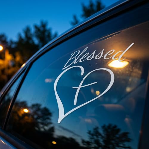 Decaltor Blessed Cross Heart Christian Vinyl Decal 5.5" White Car Sticker