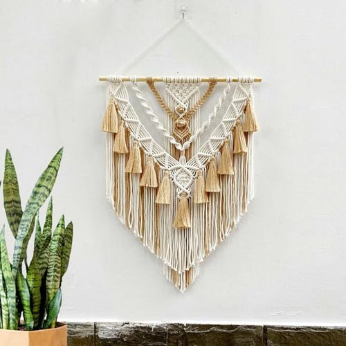 Tapisserie murale décorative macramé KnSam, déco boho avec franges kaki 55X75cm