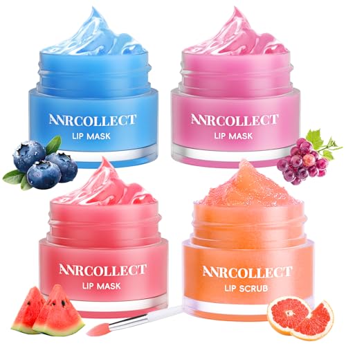 Lip Mask Set, 1 Lip Scrub +3 Overnight Lip Mask, Lip Glowy Balm and Scrub for Women, Exfoliating and Hydrating Dry, Chapped, Crack Lips, 4 Pack Lip Skincare Gift Set