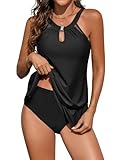 FemiChic Tankini Maillot de Bain Femme 2 Pieces Gainant Ventre Plat avec Short Sexy Col Rond Haut de Tankini Grande Taille Swimsuit avec Décoration Métallique(Noir,L)