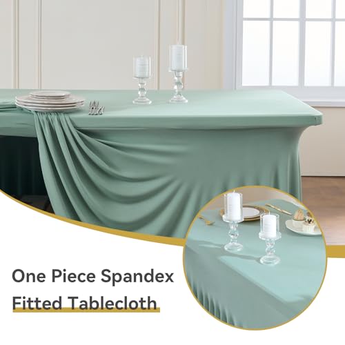 Image of Outpain Dusty Green Spandex Table Clothes for 6 Foot Rectangle Tables-2Pack 6FT Spandex Fitted Table Cover, Wrinkle Free Tablecloths with Skirt for Parties, Wedding, Birthday, Banquet, Festival