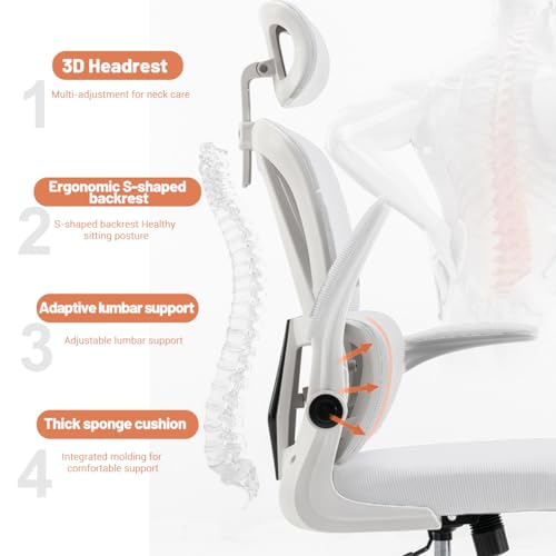 XUEGW Ergonomic Office Chair Comfort Home Desk Chair Adjustable High Back Mesh Chair Lumbar Support Computer Chair with Flip-up Arms for Work, Study, Gaming,White Mesdh Chair - Thumbnail 4