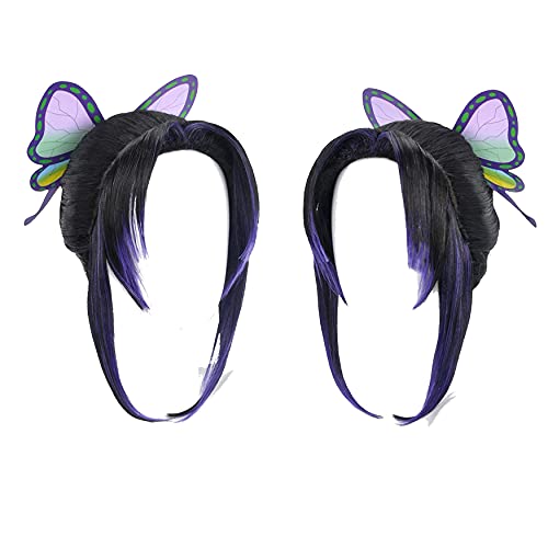 GZIRUE Shinobu Kocho Parrucca Cosplay con clip per capelli a farfalla Accessori nero viola Costume parrucca con cappuccio