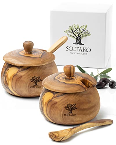 SOLTAKO Boite à Épices avec Cuillères en Bois d'Olivier, Sucrier et Salière, Set de 2 Boites Rangement Cuisine, Pot D'assaisonnement, Pot à Épices Ø 10 cm Cover
