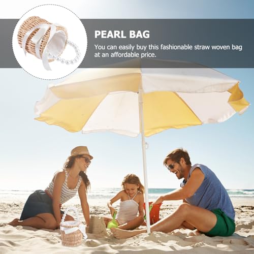 BESTOYARD Round Straw Woven Handbag with Pearl Chain - Stylish Vacation Purse for Parties Beach and Shopping3