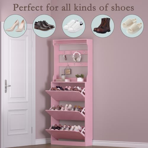 Image of BORNOON Shoe Cabinet with 3 Flip Drawers & Coat Rack, Narrow Hidden Shoe Storage Cabinet, 2-in-1 Hall Tree Slim Freestanding Shoe Rack Organizer for Entryway, Hallway, and Living Room