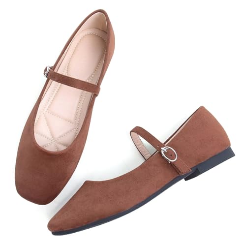 Hee grand Velvet Mary Jane Flats for Women Dressy Comfortable Square Toe Ballet Flats with Buckle Strap Retro Mary Jane Shoes3