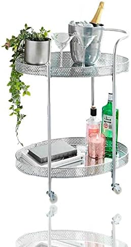 KHAPALWAK New Deco Glamour Drinks Trolley, Silver - Stylish Metal Serving Cart with 2 Glass Shelves, Mini Bars for Home, 2-Tier Deluxe Serving Cart for Living Room, Dining Room,(Silver, Round)