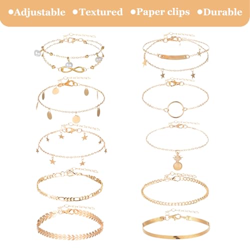 Image of 12pcs Gold /Silver Ankle Bracelets for Women Layered Waterproof 14k Cuban Link Chain Anklets Set Adjustable Dainty Summer Beach Gold Accessories Boho Bracelet Jewelry