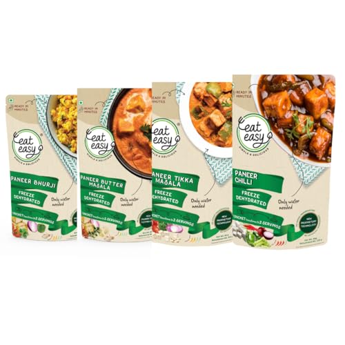 Image of Eat Easy Ready to Eat Paneer Combo of 4, Each Packet Serves 2, Freeze Dried | Veg Paneer Bhurji, Butter Masala, Chilli, Tikka Masala | Just Add Hot Water & Cook, Instant Indian Food for Travel, Camping