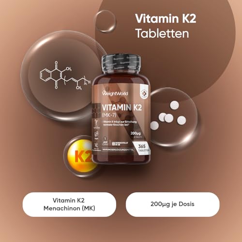 Vitamin K2 MK7 - Als Menachinon - 365 vegane Tabletten - 200µg je Tagedosis - Vitamin K trägt zur Erhaltung normaler Knochen bei (EFSA) - 1 Jahr Vorrat - K2 Vitamin von WeightWorld
