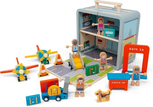 Jack Rabbit Creations- Airport Suitcase Playset- 19 Piece Portable Wooden Toy Set for Ages 3+- FSC-Certified, Non-Toxic Paints and Travel Friendly Design