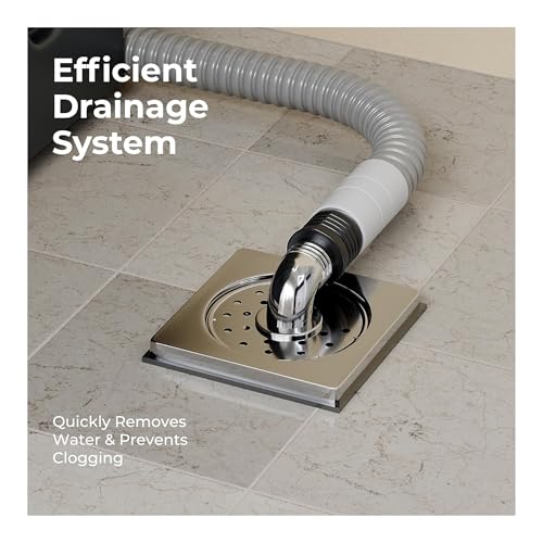 Image of SEABIRD 5-Inch Washing Machine Outlet Pipe Connector with Square Floor Drain Cover | SS Grating, ABS Elbow & Rubber Seal | Leak-Proof, Rust Resistant & Anti-Overflow for Bathroom & Laundry