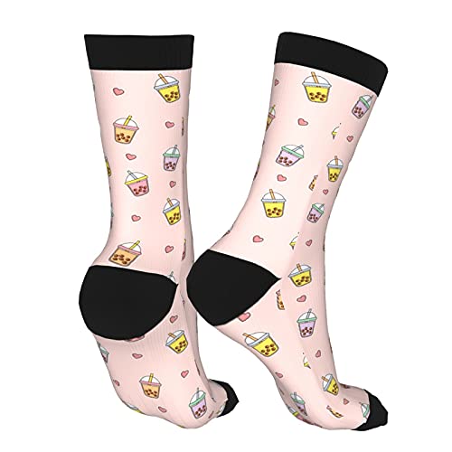 Boba Pearl Milk Tea Colorful Cup with Hearts Custom 3D printed Socks,Funny Novelty Crazy Crew Casual Dress Crew Socks Compression Socks For Birthday Christmas Easter Wedding Gift