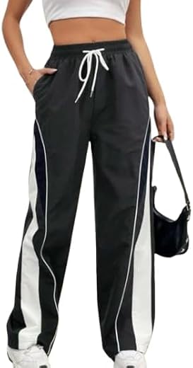 Women's Wide Leg Track Pants, Red with White Piping, Drawstring Waist, Sporty Colorblock Design