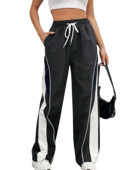 Women's Wide Leg Track Pants, Red with White Piping, Drawstring Waist, Sporty Colorblock Design-picture-44
