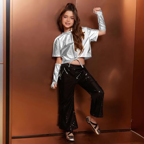 Image of Perfashion Girls Metallic Shirts Shiny Tie Front Knot Crop Top with Arm Sleeves for Dancing Raves Festivals 4-15 Years