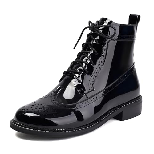 Women's Patent Leather Wingtip Brogue Combat Boots - Chunky Low Heel Lace-Up Oxford Boots Round Toe Hollow Out Design Comfortable Fashion Footwear