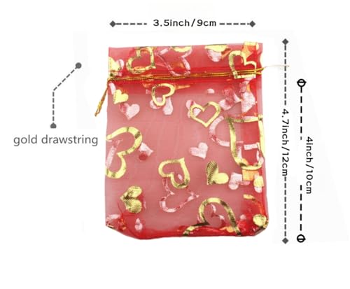 Image of QIANHAILIZZ 100 pcs 3.5 x 4.7 Inch Flower Heart Organza Jewelry Gift Pouch Candy Pouch Drawstring Wedding Favor Bags X92 (red gold heart)