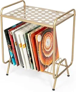 INDIDECOR 25033 Golden Classic Record Player Stand with Vinyl Record Storage, Black Metal Table with Shelves for Records,Vinyl Record Holder, Record Player Table, Turntable Stand - Gold