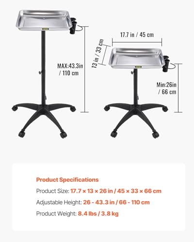Image of VEVOR Stainless Steel Salon Tray, Adjustable Height Mayo Stand Medical Tray, Tattoo Tray Lab Cart with 2 Cups and Metal Ring for SPA, Clinic, Personal Care, Lab, Hospital, Dentistry