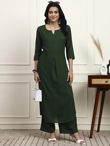 Image of idaLia Rayon Solid Straight Brown Kurta Set for Women with Palazzo 3 /4 Sleeve, Round V Neck Designer Kurta with Palazzo Pant Set