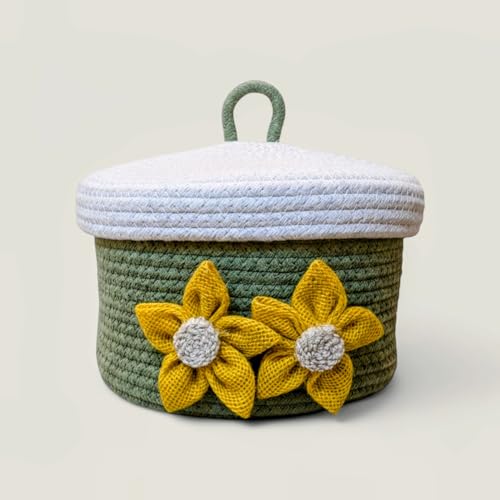 Image of Round Cotton Storage With Lid Gift Basket for Closet Wardrobe Packing, Desk Organizer, Eco- Friendly Bins (Olive and White) for Home, Office with Handcrafted Jute Flowers. (Olive and White)