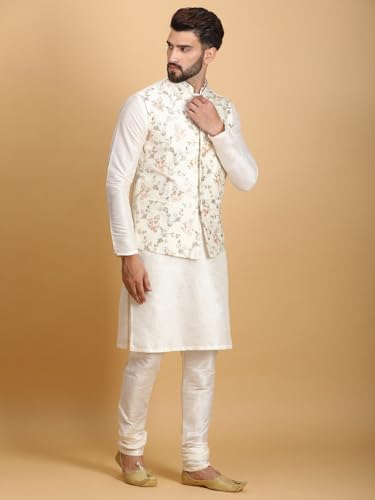 Image of Ethluxis Men Silk Blend Kurta Jacket Set with Mandarin Collar