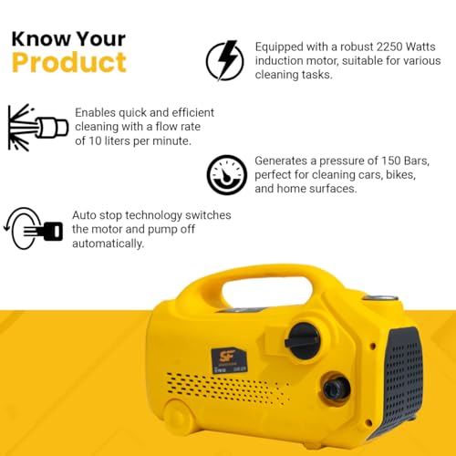 Image of SPEED FLOW 150 Bar Portable Car Washer, 2250 Watts Induction Motor, 10 L /Min Flow Rate, Auto Stop Technology, Pressure Gun & 8M Hose Pipe - Multipurpose Cleaning for Cars, Bikes, Home & Outdoor