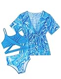 Arshiner Niñas Conjunto de Bikini 3 Piezas con Pareo Bañador Verano Falda Impresión Traje Ropa de Playa para Niñas 9-10 Años Olas