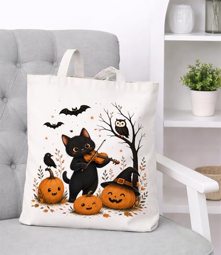 Image of Cute Cat Canvas Tote Bag for Women， Aesthetic Reusable Shoulder Bag for Shopping Travel Work