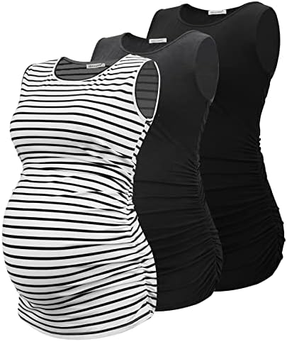 Smallshow Women's Sleeveless Maternity Tank Tops Ruched Pregnancy Clothes 3-Pack Medium Black-Dim Grey-White Stripe