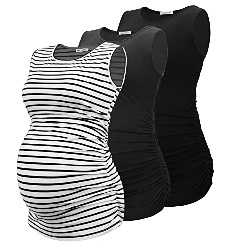 Smallshow Women's Sleeveless Maternity Tank Tops Ruched Pregnancy Clothes 3-Pack Medium Black-Dim Grey-White Stripe #TOP4