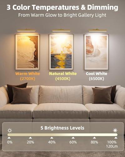 Image of EZVALO 16 inch Picture Lights for Wall, Rechargeable 6000mAh Painting Lights with Remote, Wireless Dimmable 3 Color Temperatures Art Lights for Gallery, Living Room, Hallway (Gold, 3 Pack)