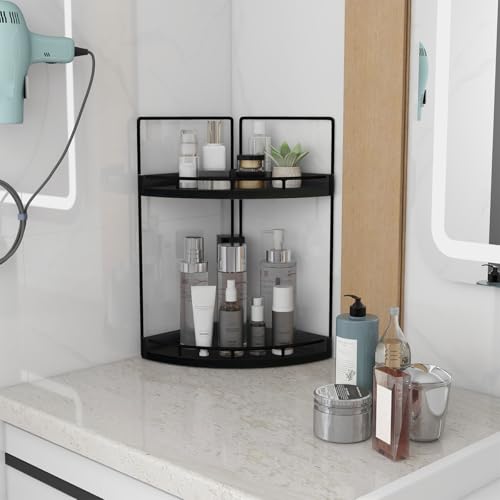 Image of Dorhors 2-Tier Bathroom Counter Organizer,Vanity Counter Corner Shelf, Skincare, Wood Countertop Bathroom Storage and Organization for Kitchen (Black)