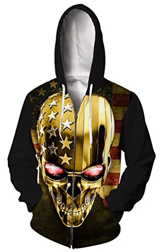 JooMeryer Men's 3D Wolf Print Casual Jacket Full Zip Hoodie Hooded Sweatshirts, Gold Skull Us Flag, XXL