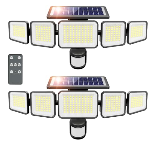 omibee Solar Lights Outdoor 6000LM 236 LEDs Motion Sensor Outdoor Lights, 5 Heads Security Wall Lights,3 Mode, IP65 Waterproof Flood Lights with Remote Control for Garden, Backyard,2 Pack - image 1