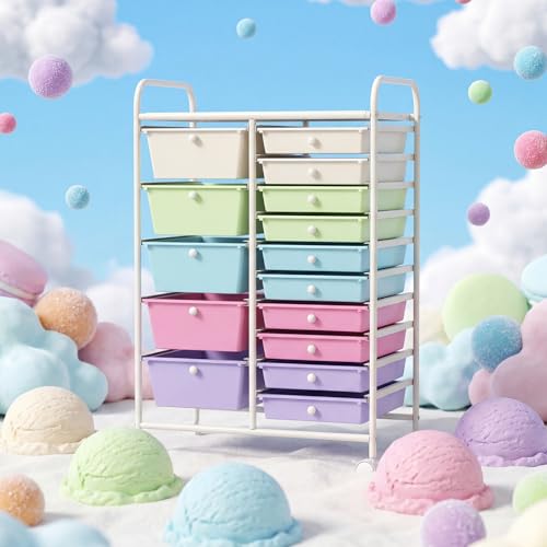 Image of LDAILY 15 Drawer Rolling Storage Cart, Rolling Cart with Drawers for Classroom, Art Supply Craft Organizer on Wheel with Metal Frame & Handles for Home Office School (Ice cream color, 15 Drawer)
