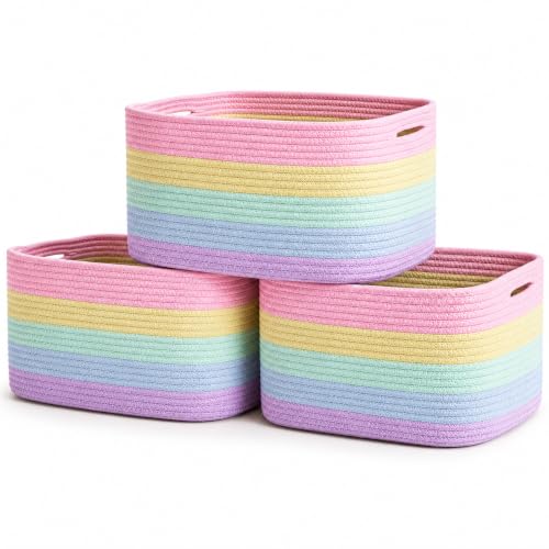 Image of OrganiHaus Pastel Rainbow Cotton Rope Baskets for Shelves, Set of 3 - 15"×10"×9½" - Colorful Storage Baskets for Kids - Nursery, Playroom, Classroom - Toy Storage, Books, Towels