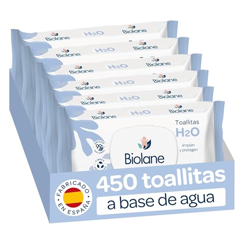 Biolane - Toallitas de agua H2O Bebé, 450 Toallitas (6 Paquetes de 75 Unidades), 99% Ingredientes Naturales, Fibras 100 % Vegetales, Bebés y recién nacidos, Piel Sensible, Fabricadas en España