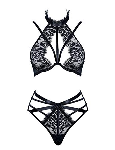 Ensemble de lingerie sexy en dentelle avec soutien-gorge et culotte taille haute - Noir - 95 Cover