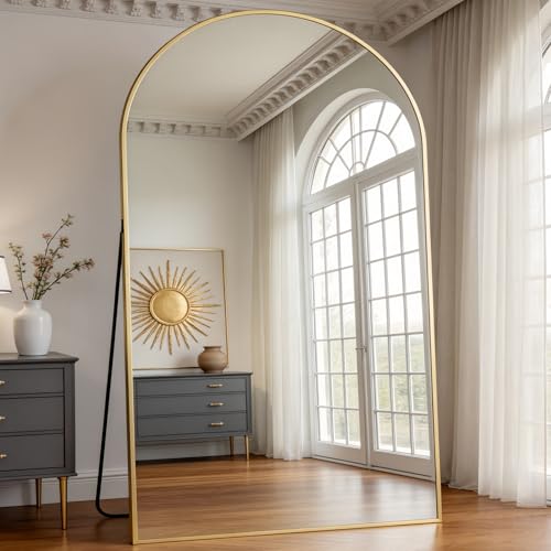 Image of Prywot Full Length Mirror, Oversized 90 inchx46 inch Arched-Top Floor Mirror, Gold
