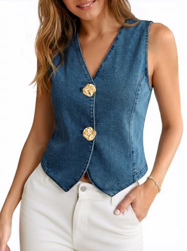 Tankaneo Womens Button Down Denim Vests Tops Trendy Summer Casual