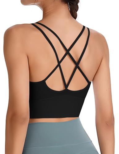 HANERDUN Damen Sport BH Yoga Bra mit Gepolstert Nahtlose Ohne Bügel und gibt Guten Halt Atmungsaktiv Riemchendesign und mittelstarkem für Fitness Lauf Joggen